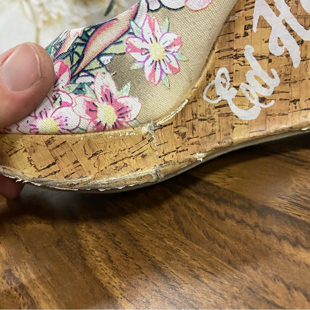 Ed Hardy Womens Skull Hibiscus Cork Wedge Heels Peep Toe Tattoo Print Size 8 - Picture 6 of 10